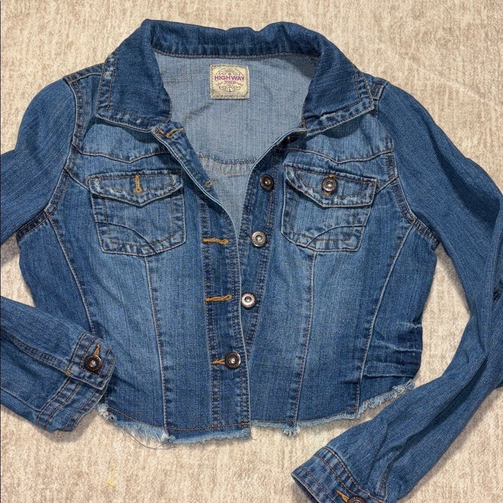 Large women's Highway Jeans brand cropped distressed Blue Jean Jacket - Picture 2 of 8